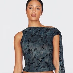 Pretty Little Thing grey flower Print Whimsigoth Fairy Burnout top Medium